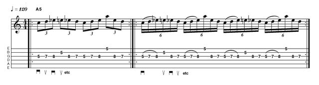 Example 1.3: Repetition Before there was Paul Gilbert, there was Steve Morse. Without divulging the picking secrets of the 'Rock Guitar Magic Circle Society, examine how the hammer-ons in bar 2 facilitate greater speed and stamina.