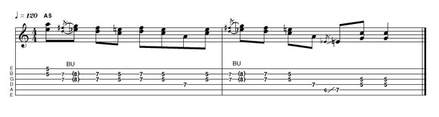 Example 1.8: Double-Stop Down in Louisiana, a boy named Johnny (okay, only my mother calls me Johnny and it was really Liverpool) came up with this double-stop lick. The thickening effect of playing two notes at once is remarkably effective when projection is an issue.