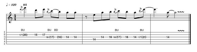 Example 5.2: Bends Each position presents new possibilities, with the new fingering placing different notes under string-bending fingers. Here the minor 3rd bend between E and G is easily attainable as it is found under the third finger. To achieve the same sonic result in Area 1 you would either have to use your first finger (not the most desirable digit!) or shift back a position, which effectively puts you in area 5 anyway.