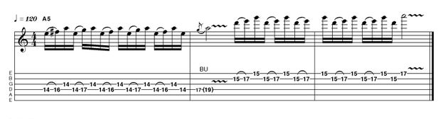 The first bar of this example features a triplet hammer-on pattern that toggles between the use of the major 6th and the flattened 7th intervals, both present in the harmonically appropriate Dorian mode (R 2 b3 4 5 6 b7). Paul Kossoff was particularly fond of using this kind of idea. He also had one of the best vibratos in rock (ask Joe Bonamassa), so we'd urge you to check him out!