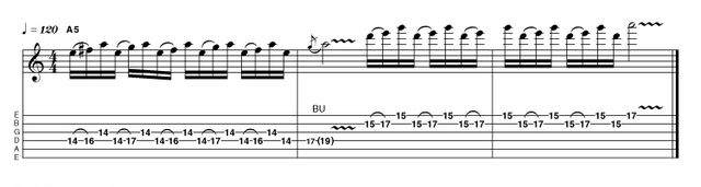 Example 5.3: Repetition The first bar of this example features a triplet hammer-on pattern that toggles between the use of the major 6th and the flattened 7th intervals, both present in the harmonically appropriate Dorian mode (R 2 b3 4 5 6 b7). Paul Kossoff was particularly fond of using this kind of idea. He also had one of the best vibratos in rock (ask Joe Bonamassa), so we'd urge you to check him out!