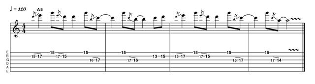 Example 5.4: Slides/pedal-tone Here's a pedal-tone idea that is melodically simple yet retains interest via the use of some crafty slides. It's also got a rather interesting rhythmic shape. Why not keep the rhythm and change the notes to come up with an idea of your own?