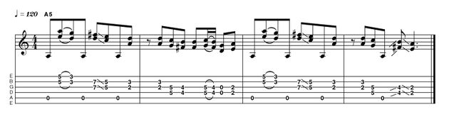 We've taken a few liberties here, as strictly speaking numerous notes are out of position. This is to maintain fingering integrity, and it sounds cool. Most of the intervals are a perfect 4th apart, with two major 3rd exceptions in the first and third bars.