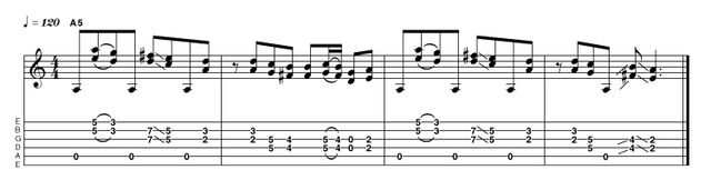 Example 5.8: Double-stops We've taken a few liberties here, as strictly speaking numerous notes are out of position. This is to maintain fingering integrity, and it sounds cool. Most of the intervals are a perfect 4th apart, with two major 3rd exceptions in the first and third bars.