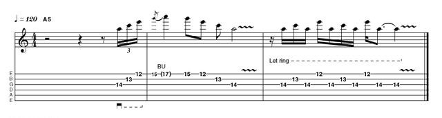 Example 4.7: Triadic/Arpeggio I'm coming over all nostalgic as I present to you my first sweep-picked lick. It still sounds great after all these years, although I've got a dim recollection that I used to play it at least a couple of times in every single solo, much to everyone else's disgust! This lick morphs from Blackmore to Clapton. You may find that alternate picking is the way to go for the final bar.
