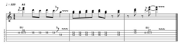 We begin this lick with a crunchy oblique bend - one note remains stationary whilst another moves. In bars 2 and 3 we're mixing things up, with some diatonic thirds and chord tones, ending on yet another oblique double-stop bend in a higher register.