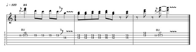 Example 4.8: Double-stop We begin this lick with a crunchy oblique bend - one note remains stationary whilst another moves. In bars 2 and 3 we're mixing things up, with some diatonic thirds and chord tones, ending on yet another oblique double-stop bend in a higher register.