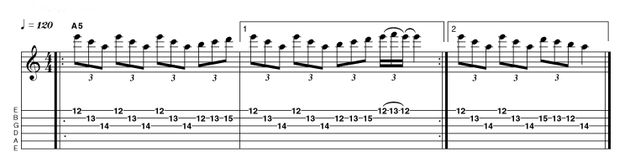 Here we're seamlessly making the transition from a minor triad arpeggio to a connecting fragment based around the associated diatonic minor scale. See if you can come up with a selection of variations based around this idea. Once again, the rhythm and flow of each phrase is a crucial factor in determining the eff ectiveness of each new musical idea.
