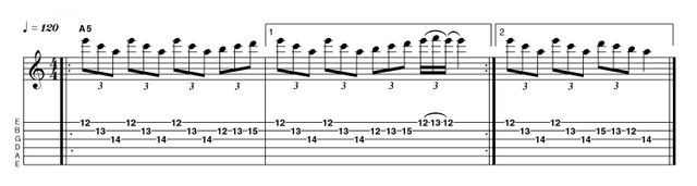 Example 4.9: Arpeggio/Scalar Here we're seamlessly making the transition from a minor triad arpeggio to a connecting fragment based around the associated diatonic minor scale. See if you can come up with a selection of variations based around this idea. Once again, the rhythm and flow of each phrase is a crucial factor in determining the eff ectiveness of each new musical idea.