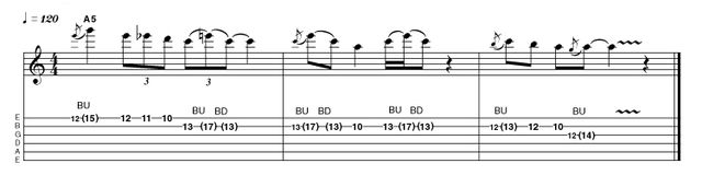 Example 3.2: Bends We're in Jimmy Page territory here, with a Herculean bend between the minor 3rd (C) and the perfect 5th (E) of our intended A minor chord. That's four frets! The reduced tension of the second string (and using support fi ngers) makes this perfectly feasible.