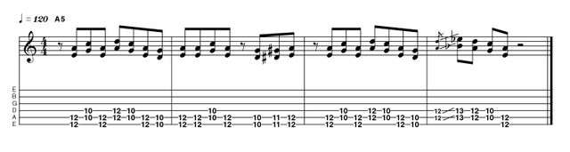 Example 3.8: Double-Stop Here's a Blackmore-inspired riff . The pentatonic scale works great when played in double-stops, as this phrase demonstrates. Needless to say, you should get to work with ideas of this nature throughout all of the remaining positions.