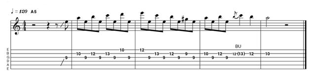 Example 3.9: Scalar Here we're using the 5th degree (E) as a pivot, ascending through various degrees of A minor scale but always returning to the E 'pedal-tone' after each new note.