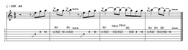 Example 2.2: Bends The essence of three guitar gods within three bars! In bar 2 we have Jimi's take on area two, in bar 3 we make the shift toward Steve Lukather, and finally in bar 4 we see how Jimmy Page, Dave Gilmour and Joe Walsh might incorporate some Albert King bending.