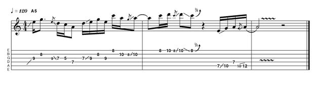 The abundance of tone gaps on the high strings is exploited fully in this slippery example. Ensure that the three-fret slide in bar 2 gets to pitch accurately.
