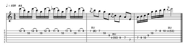 Example 2.7: Triadic/Arpeggio We begin with a rhythmically displaced minor triad. Later in bar 1 the 5th of the triad is flattened for a more sinister sound. Then we exploit the sophisticated minor-add2 arpeggio (R 2 b3 5), but the bends stop things from sounding clinical.