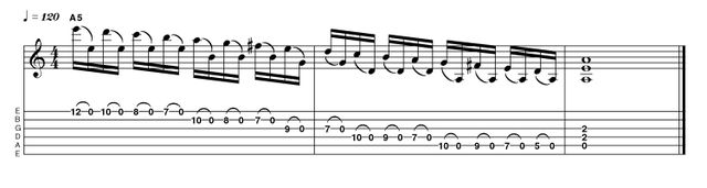 Example 2.9: Scalar/Pedal-point When approaching the A minor scale (A B C D E F G), all of the open strings are available to us as they correspond to notes found within the scale. This Gary Moore-inspired phrase showcases this concept perfectly.